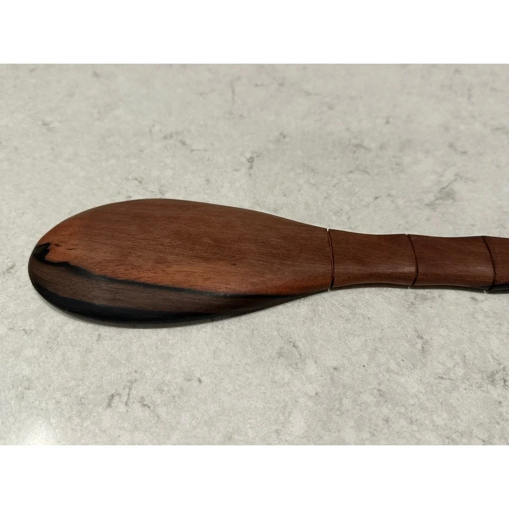 Handcrafted Two Tone Wood Serving Spoon Mother of Pearl Fish Inlay Bamboo Handle